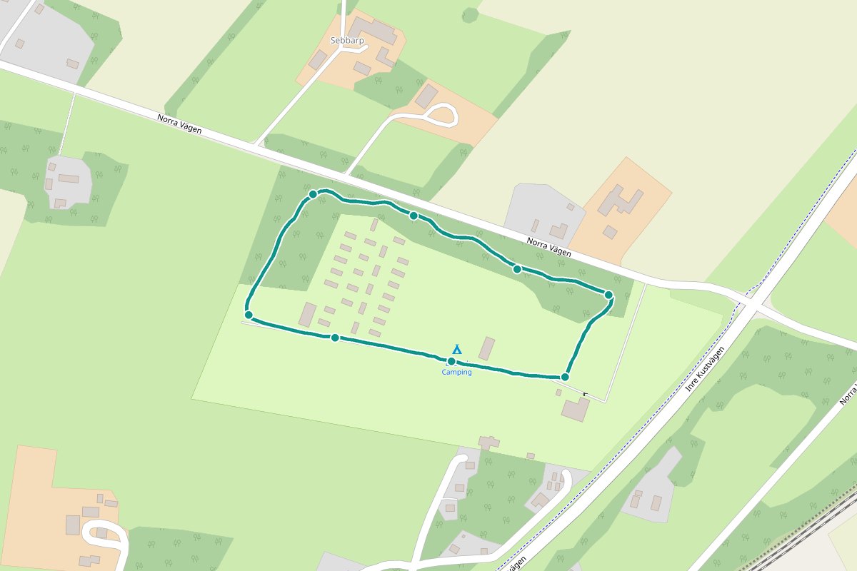 Karta över tipspromenad-rutten Båstad Camping – 775 m loop med 8 frågestopp