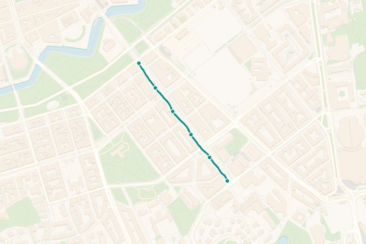 Karta över tipspromenad-rutten Göteborg Avenyn – 707 m sträcka med 6 frågestopp