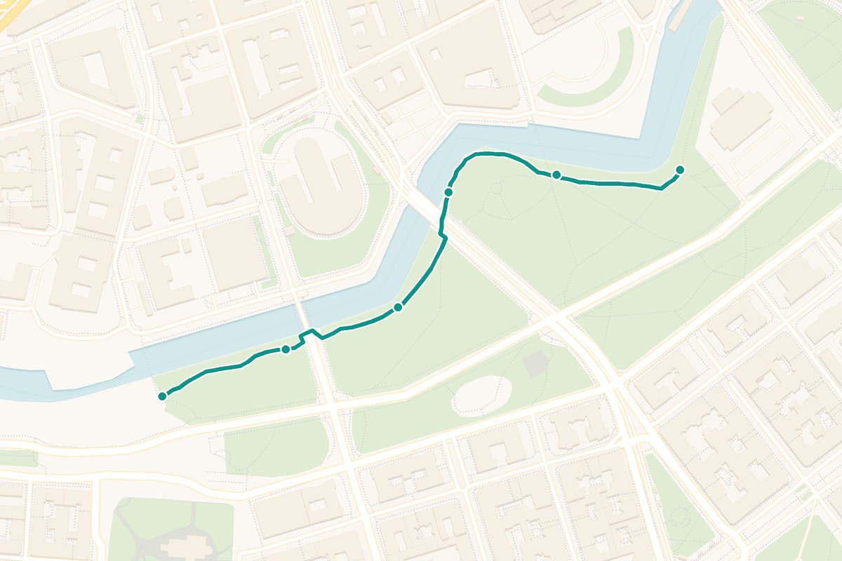 Karta över tipspromenad-rutten JP promenad – 612 m sträcka med 6 frågestopp