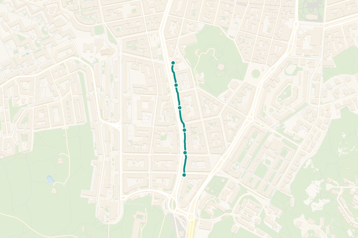 Karta över tipspromenad-rutten Linnégatan – 558 m sträcka med 6 frågestopp