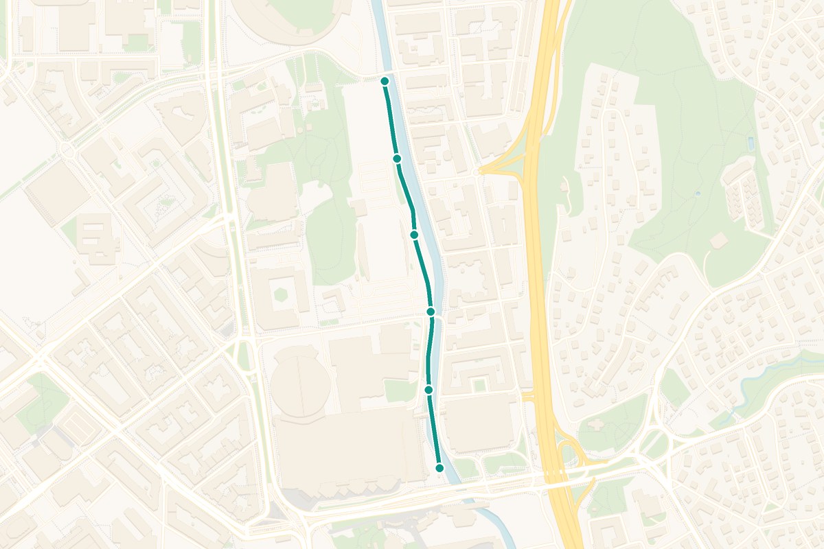 Karta över tipspromenad-rutten Möndalsån – 838 m sträcka med 6 frågestopp