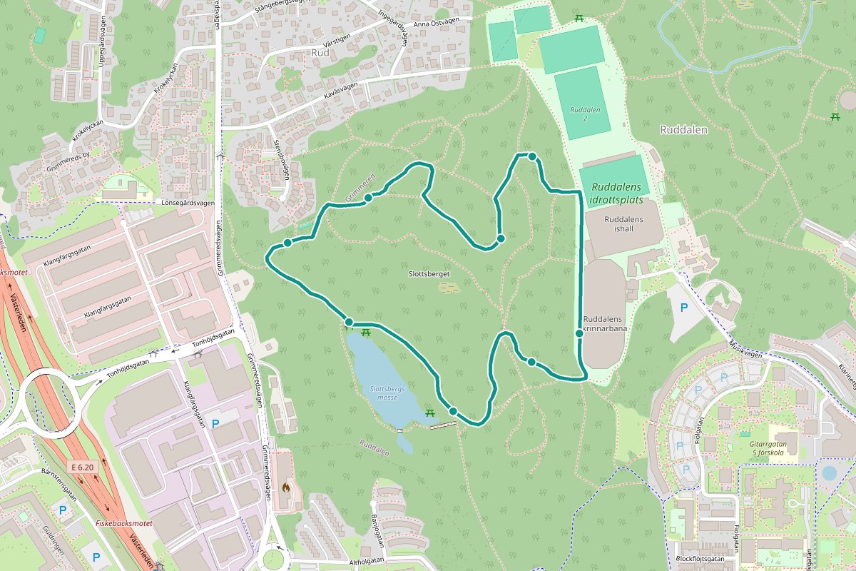 Karta över tipspromenad-rutten Ruddalens elljusspår 2,5 km – 1,8 km loop med 8 frågestopp