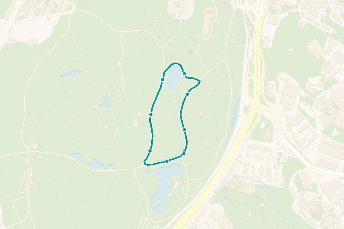 Karta över tipspromenad-rutten slottsskogen – 1,4 km loop med 8 frågestopp