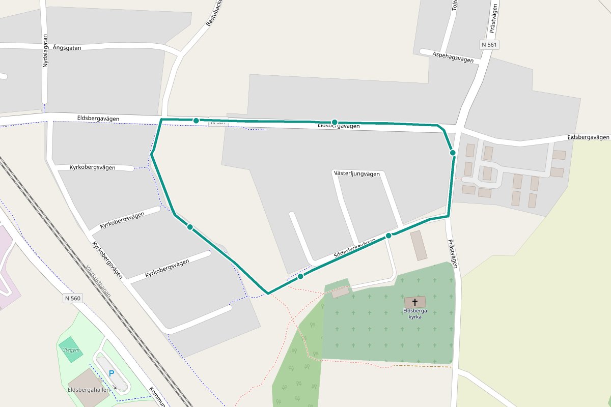 Karta över tipspromenad-rutten Eldsberga – 844 m loop med 6 frågestopp