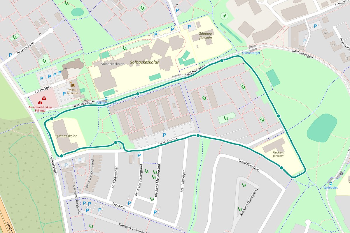 Karta över tipspromenad-rutten Fyllinge – 1,4 km loop med 8 frågestopp