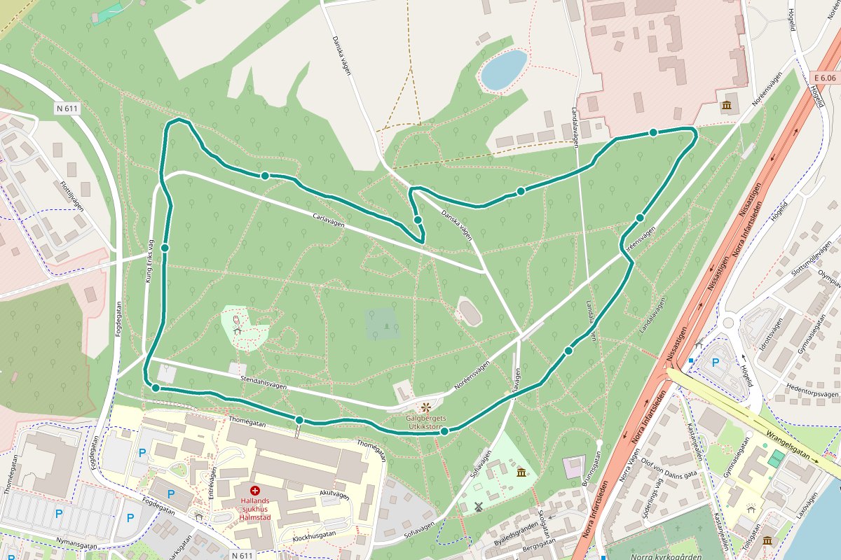 Karta över tipspromenad-rutten Galgberget – 2,6 km loop med 10 frågestopp