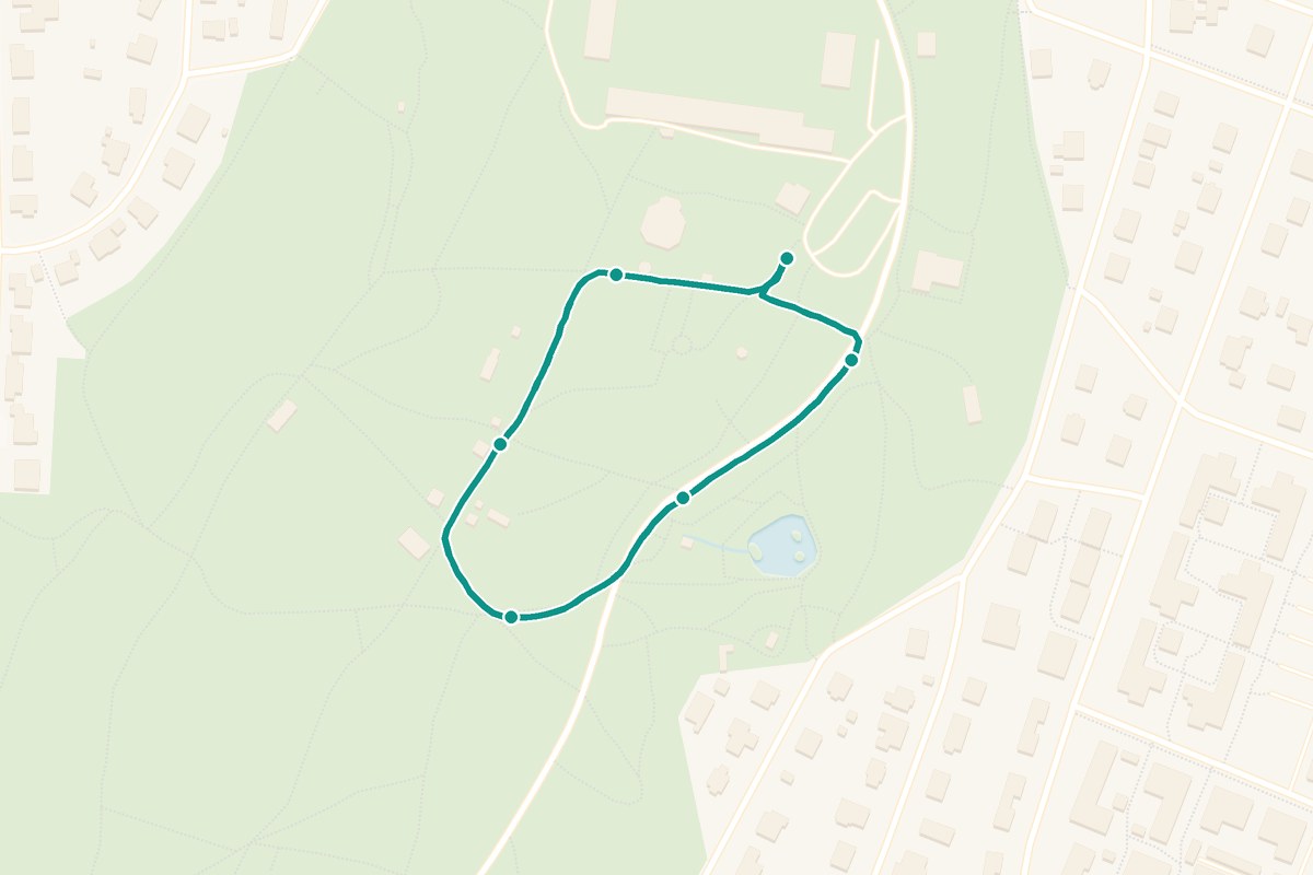 Karta över tipspromenad-rutten Stadsparken Jönköping – 708 m loop med 6 frågestopp