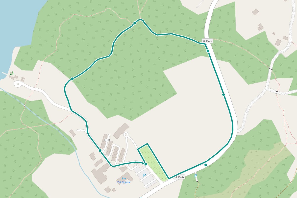 Karta över tipspromenad-rutten Två Skyttlar – 1,2 km loop med 7 frågestopp