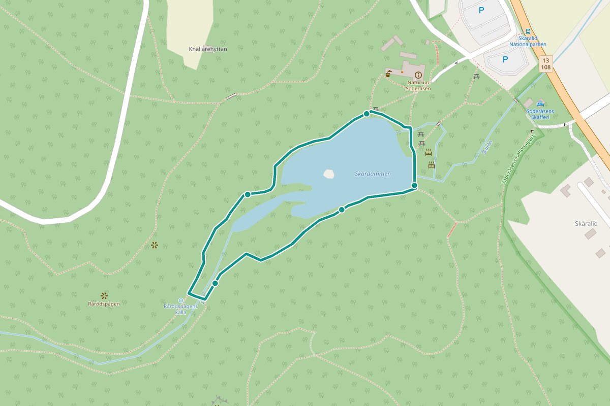 Karta över tipspromenad-rutten Skärdammen runt – 610 m loop med 5 frågestopp