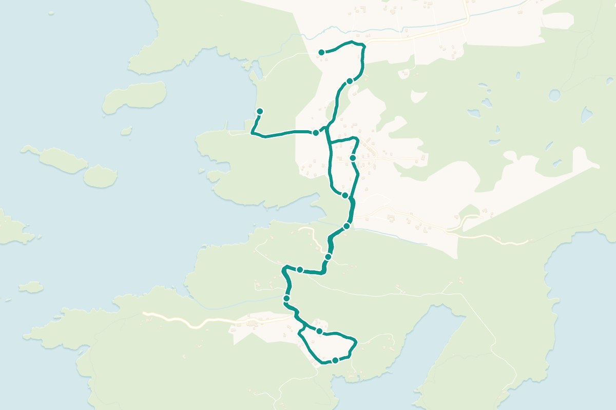 Karta över tipspromenad-rutten Vråkärr – 4,9 km sträcka med 12 frågestopp