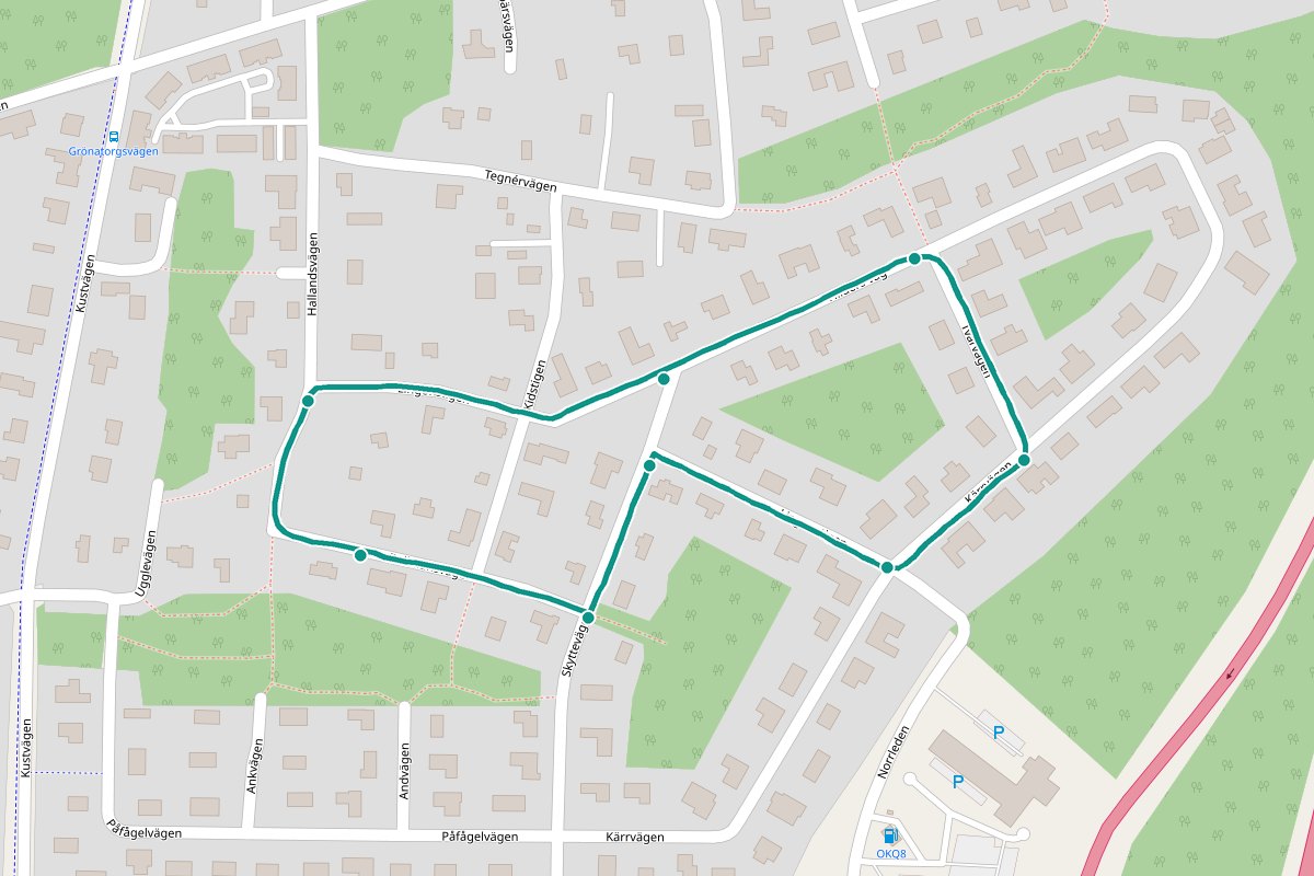 Karta över tipspromenad-rutten Bellman – 1,1 km loop med 8 frågestopp