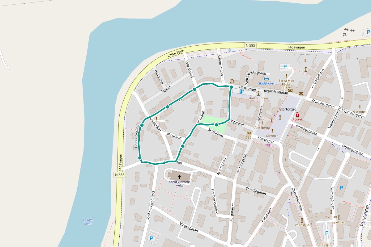 Karta över tipspromenad-rutten Gamleby – 524 m loop med 7 frågestopp