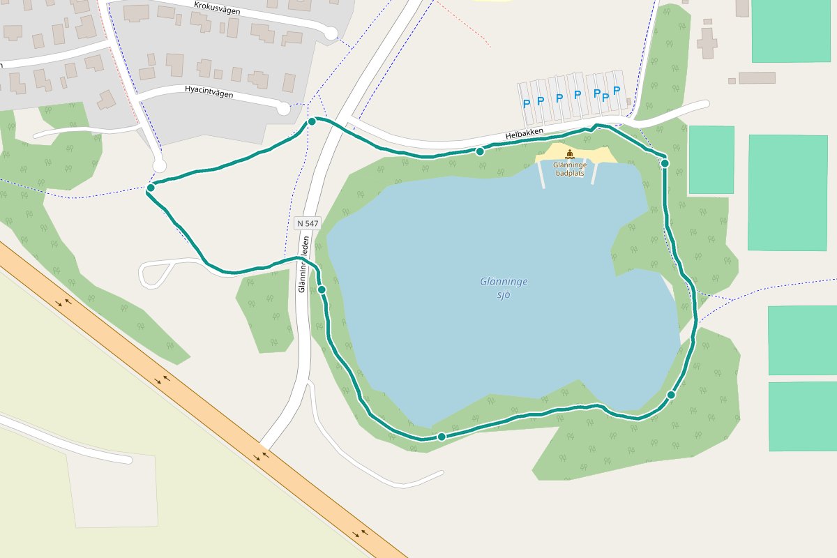 Karta över tipspromenad-rutten Glänninge – 1,4 km loop med 7 frågestopp