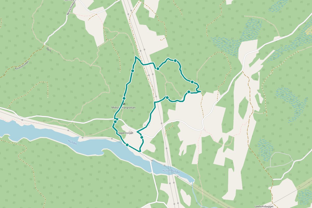 Karta över tipspromenad-rutten Hjörnered Gula spåret – 2,7 km loop med 10 frågestopp