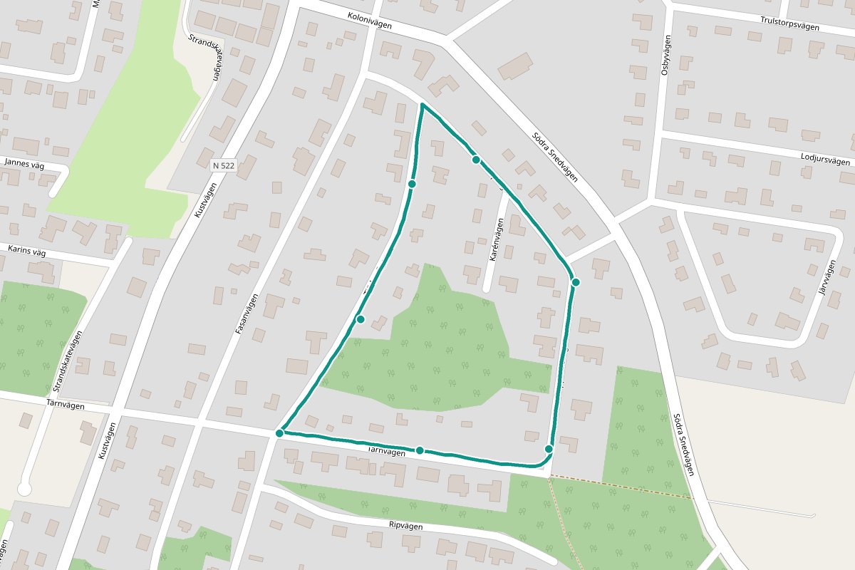Karta över tipspromenad-rutten J.N – 859 m loop med 7 frågestopp