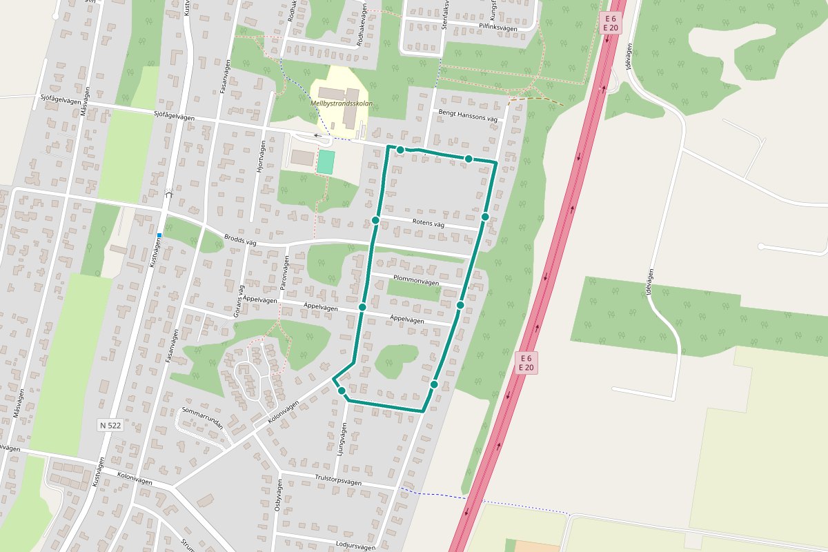 Karta över tipspromenad-rutten Kantarellen – 1,2 km loop med 8 frågestopp