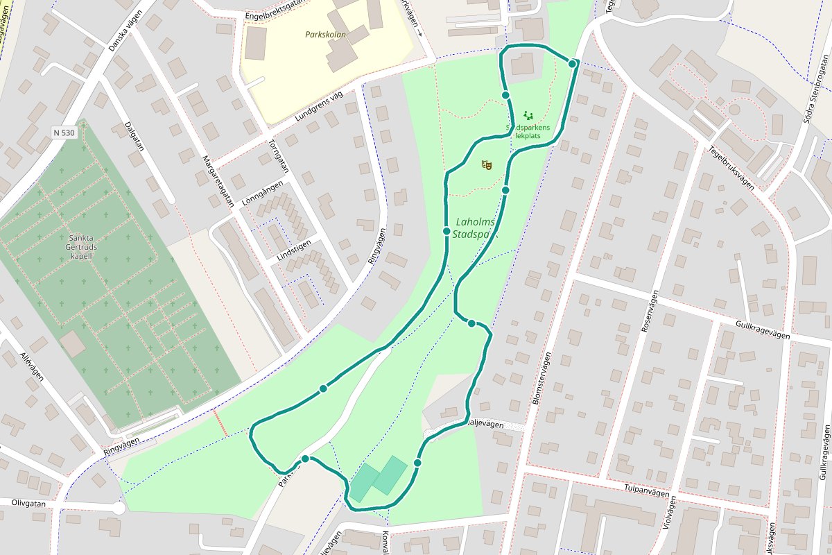 Karta över tipspromenad-rutten Laholms stadspark – 1,0 km loop med 8 frågestopp