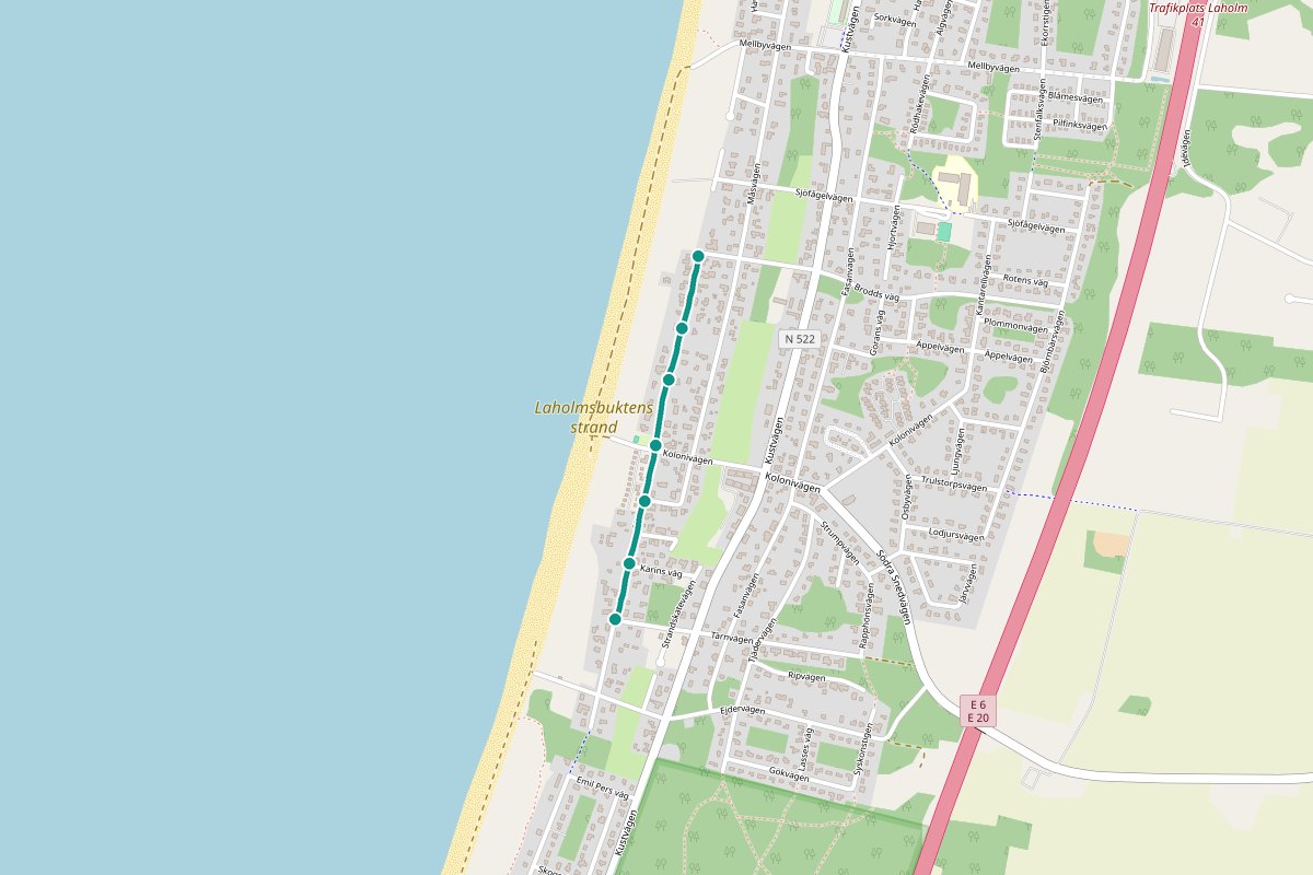 Karta över tipspromenad-rutten S. Stranden – 1,0 km sträcka med 7 frågestopp