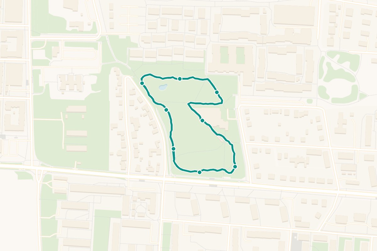 Karta över tipspromenad-rutten Folkets Park, Lund – 801 m loop med 8 frågestopp