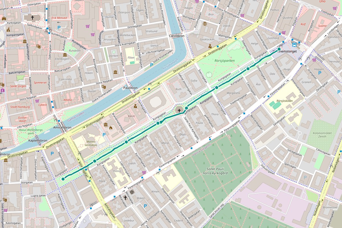 Karta över tipspromenad-rutten kungsgatan – 1,6 km sträcka med 8 frågestopp