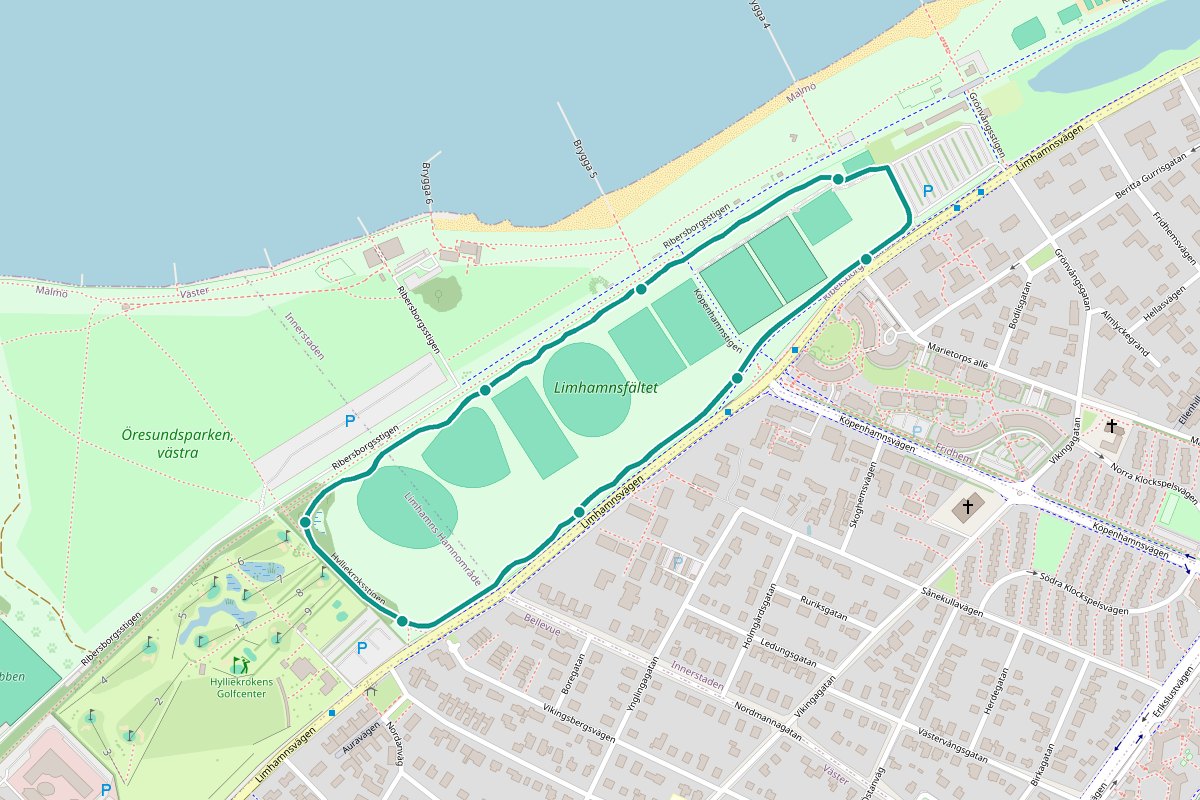 Karta över tipspromenad-rutten Limhamnsfältet – 2,0 km loop med 8 frågestopp