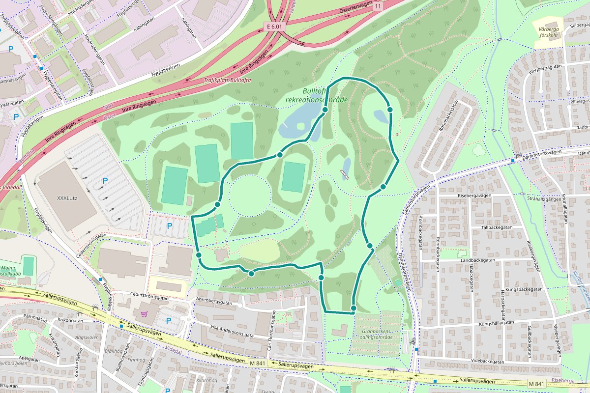 Karta över tipspromenad-rutten Granbackestigen – 1,8 km loop med 10 frågestopp