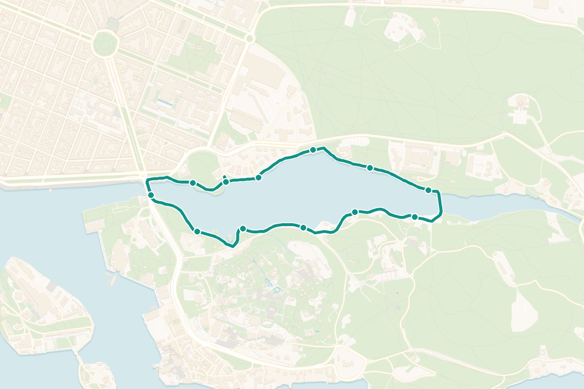 Karta över tipspromenad-rutten Djurgården Stockholm – 3,4 km loop med 12 frågestopp