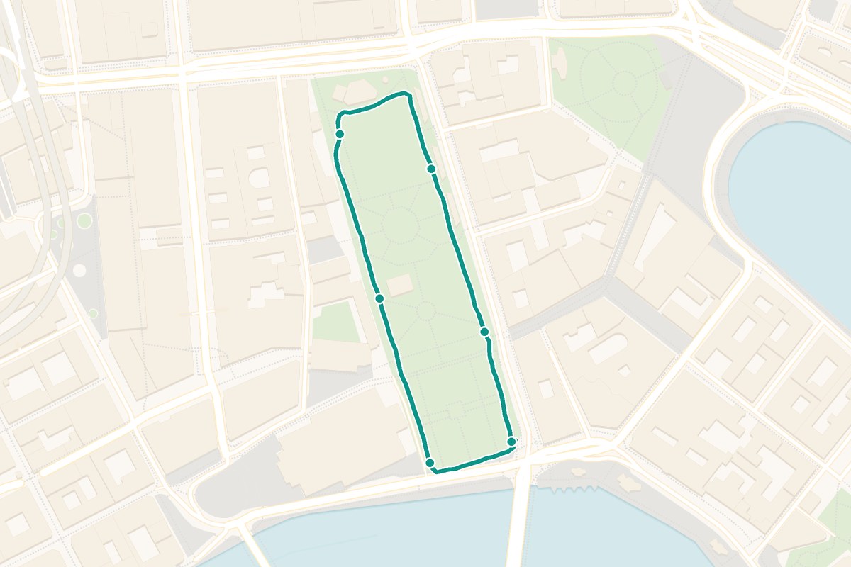 Karta över tipspromenad-rutten Kungsträdgården Stockholm – 777 m loop med 6 frågestopp
