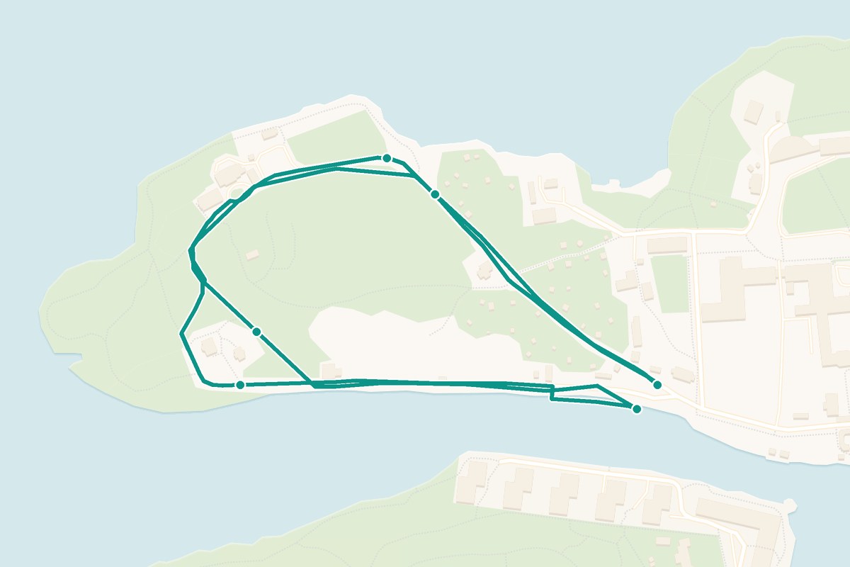 Karta över tipspromenad-rutten Långholmen – 1,1 km loop med 6 frågestopp