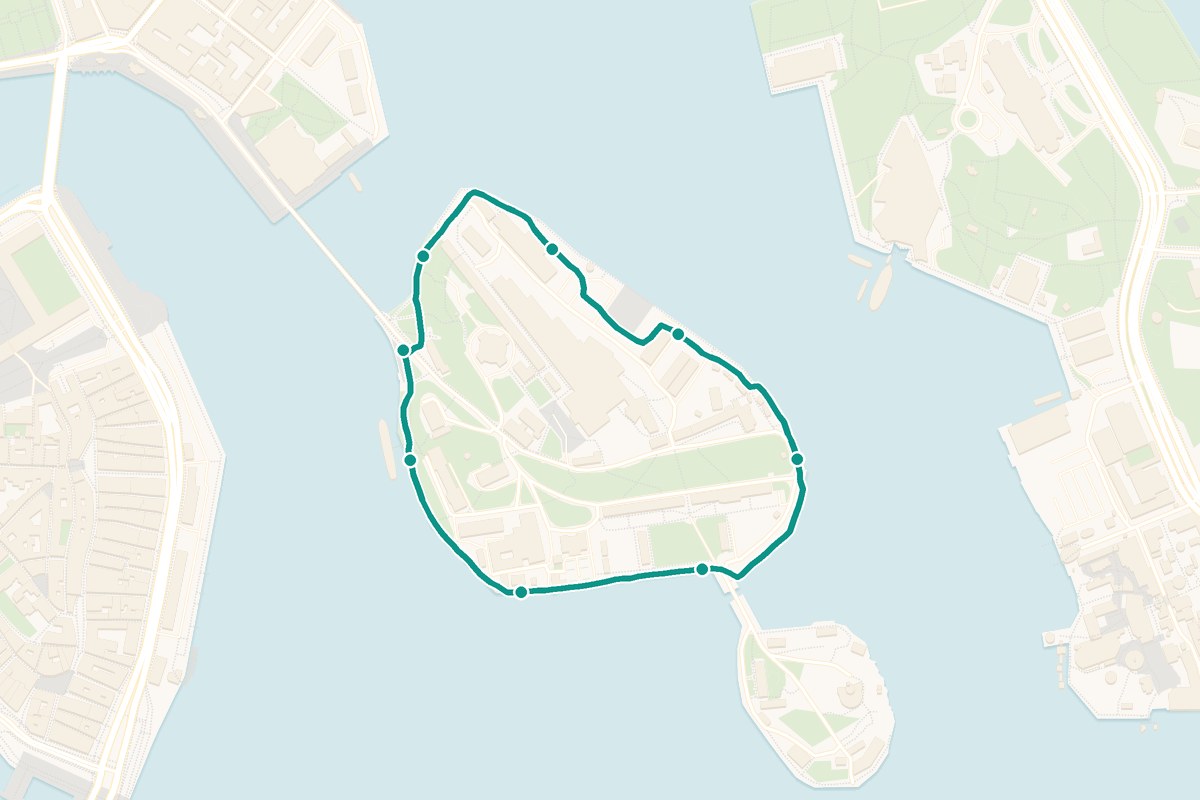 Karta över tipspromenad-rutten Skeppsholmen – 1,5 km loop med 8 frågestopp