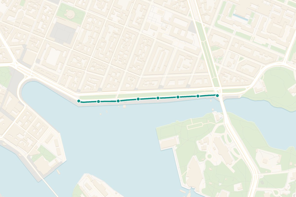 Karta över tipspromenad-rutten Strandvägen Stockholm – 687 m sträcka med 8 frågestopp