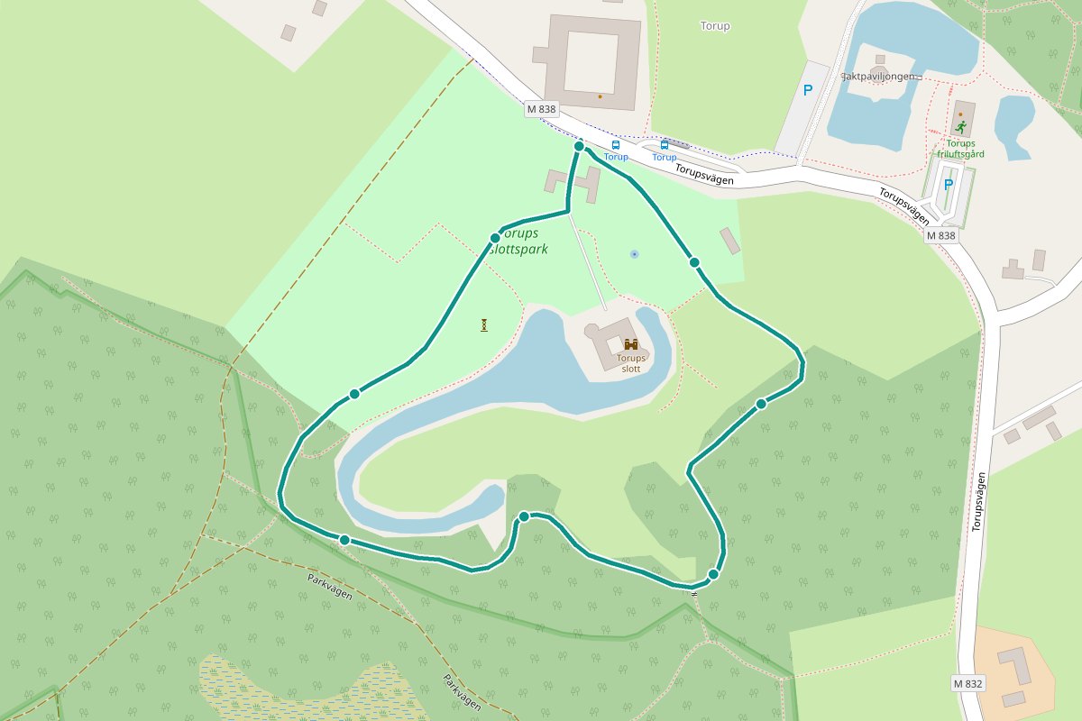 Karta över tipspromenad-rutten Slottsstigen – 1,0 km loop med 8 frågestopp